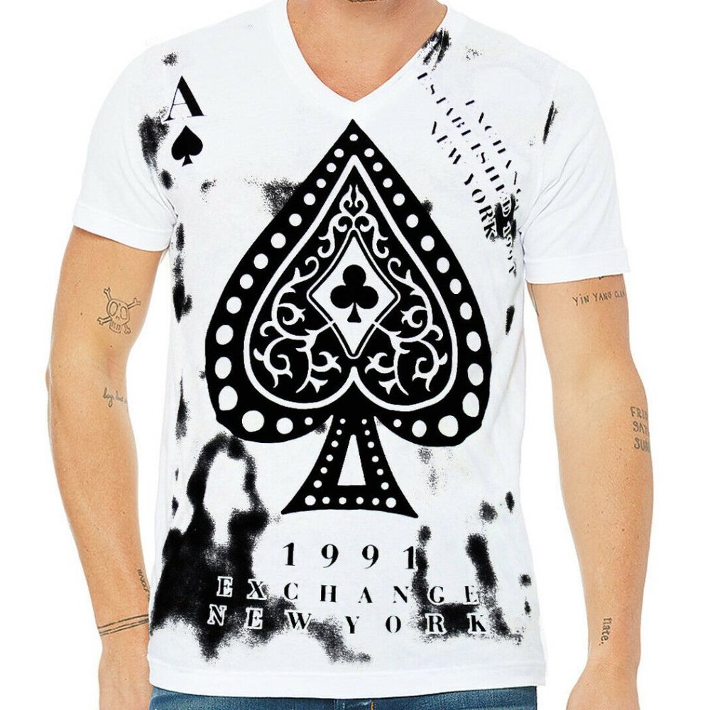 NWT EXCHANGE ACE OF SPADES MEN'S WHITE V-NECK SHORT SLEEVE T-SHIRT SIZE M L